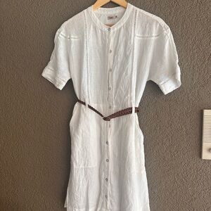 White Button-Front Midi Linen Dress (Braided Belt not included)